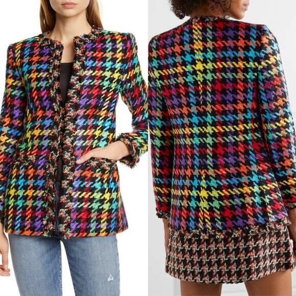 Alice + Olivia Andreas Frayed-Edge Houndstooth Tweed Jacket Size XS Rainbow - Picture 10 of 10